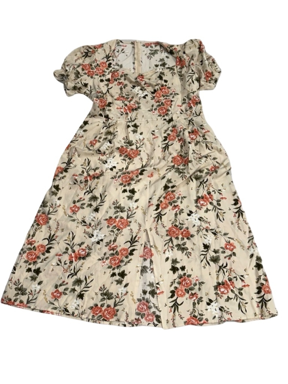 Women’s Beige Floral Midi Dress Puff Sleeve Square Neck